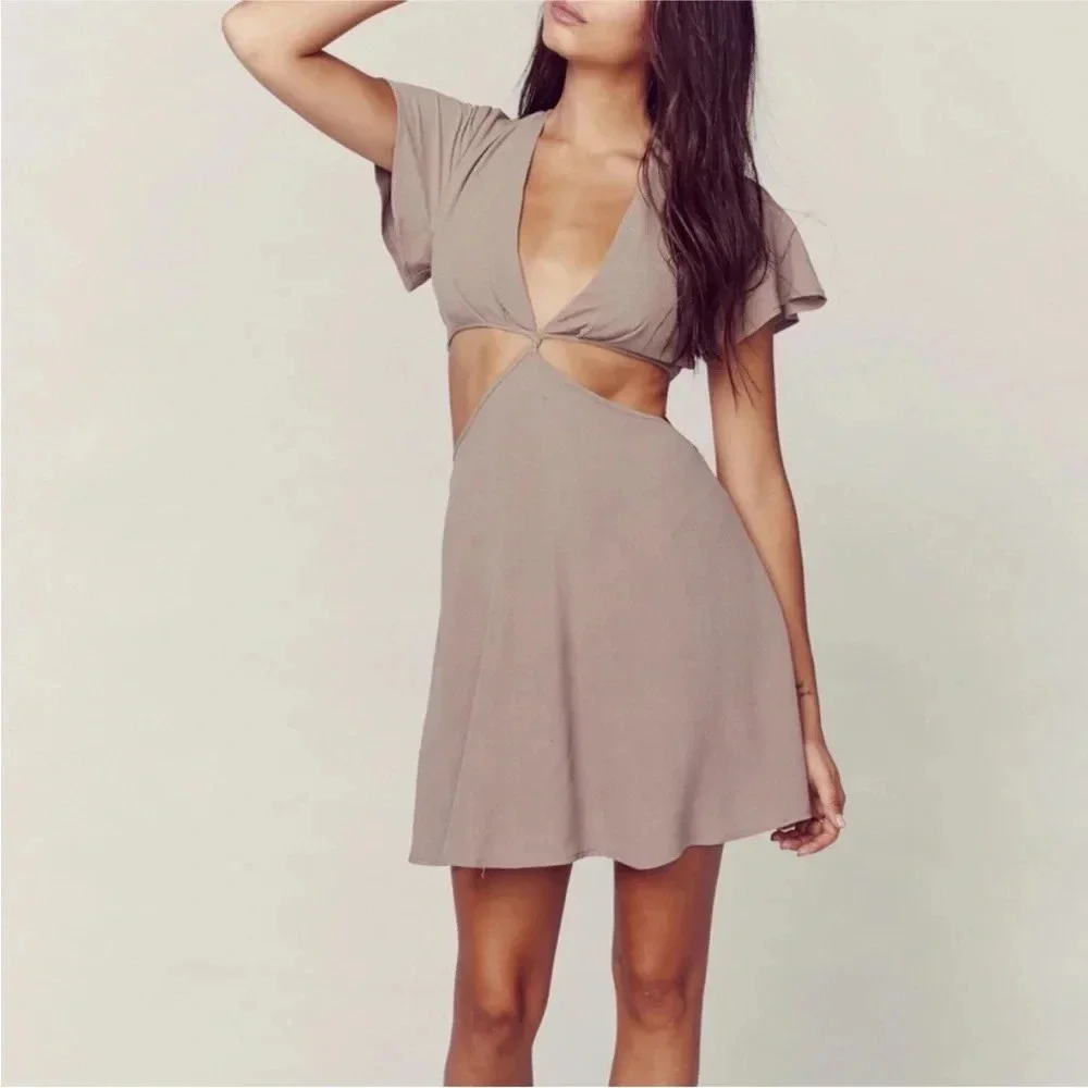 Planet Blue Blue Life Cut It Out Open Back Mini Dress in Truffle